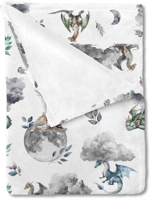Watercolor Dragons Fairytale Baby Blanket, Dragon Wings Leaves Moon Clouds, Soft Swaddle Blanket for Toddler Newborn