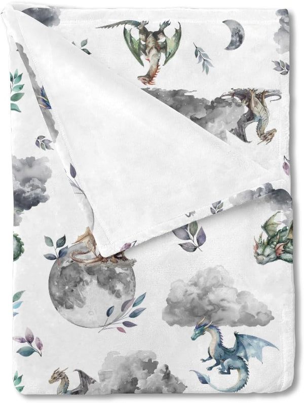 Watercolor Dragons Fairytale Baby Blanket, Dragon Wings Leaves Moon Clouds, Soft Swaddle Blanket for Toddler Newborn