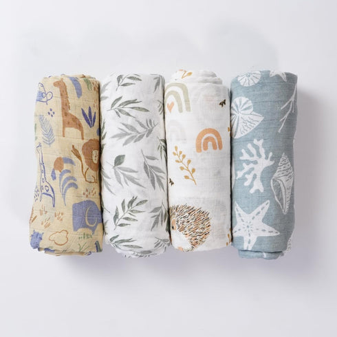 CoolaPeach 4 Set 120x110cm Muslin Swaddle Blankets for Newborn Baby Boys, Girls,Receiving Blankets-Cute Soft Print Baby