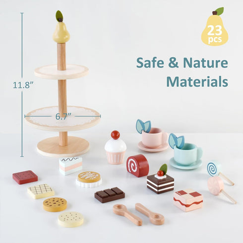 Set Playset Set PairPear Tea Party Dessert Stand -Wooden Toys Pretend Play Food Kitchen Accessories for Toddler Tea