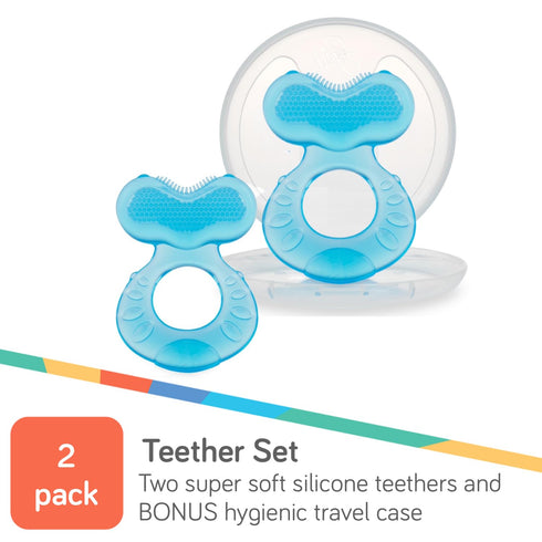 Nuby Soft Silicone Teether - 2 Pack with Massaging Bristles, Blue, 3m +, Travel Case Included