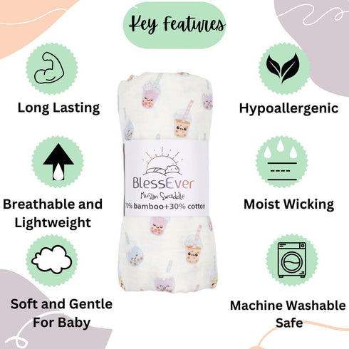 BlessEver 42 47 inches Muslin Swaddle Blanket for Unisex, Soft Breathable and Skin-Friendly Baby Swaddles for Boys