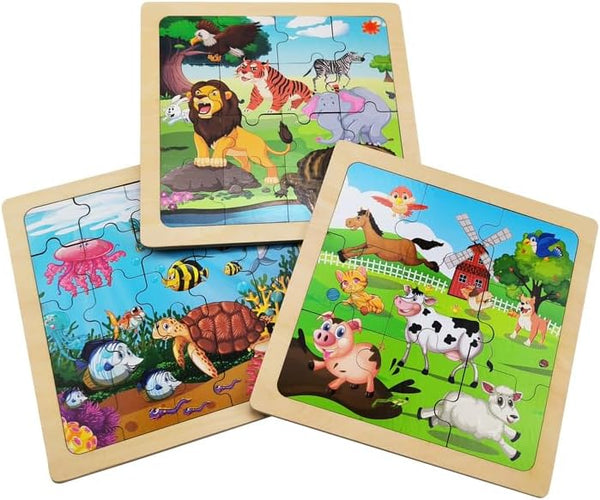 Wooden Jigsaw Puzzle Set - 3 Pcs Farm, Jungle, and Sea Animals, Educational Preschool Toys
