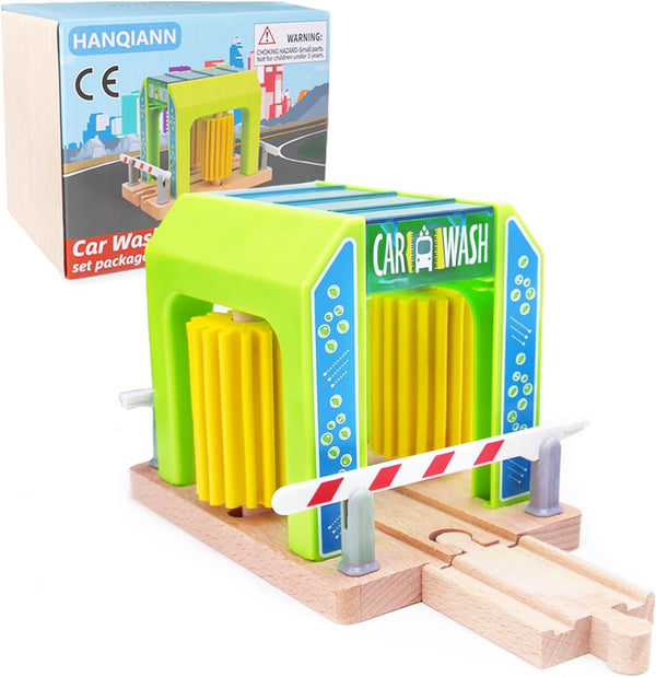 HANQIANN Wooden Car Wash Station with Train Truck,Expansion Pack Compatible with Railway Train