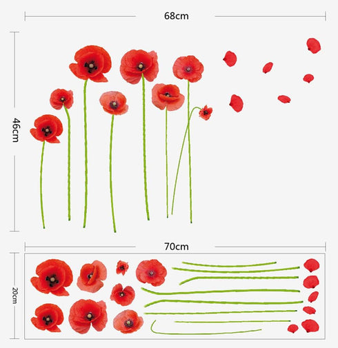 Esmee DIY Red Poppies Wall Decals, Beautiful Flowers Vines Stickers for Living Room Bedroom Nursery