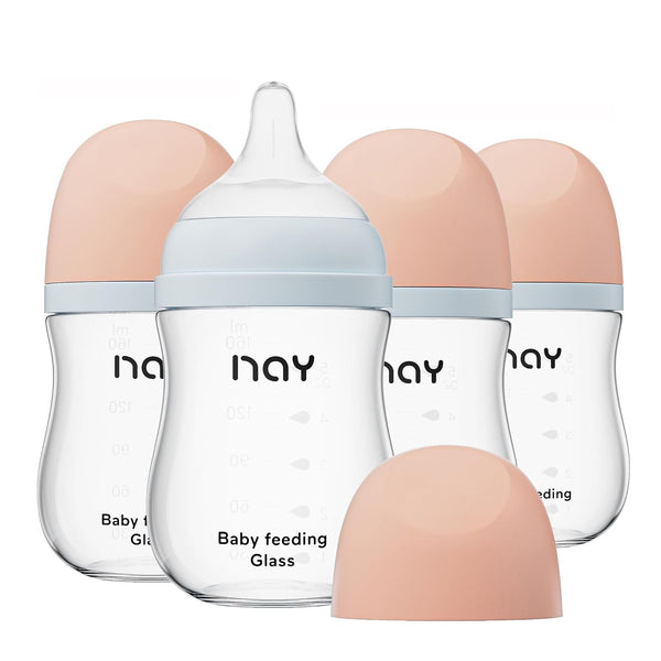 Natural Glass Baby Bottle Wide Neck - Newborn Anti-Colic Baby Bottle, Clear, 5.4oz (Pack of 4) with Slow Flow Nipples