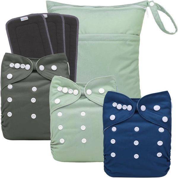 babygoal Reusable Charcoal Cloth Diapers with Double Gussets, 3 Pack Washable Baby