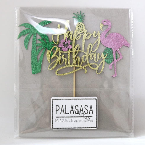 PALASASA Glitter Flamingo Happy Birthday Cake Topper - Hawaiian Luau Tropical Pineapple Theme Kids Party Decoration