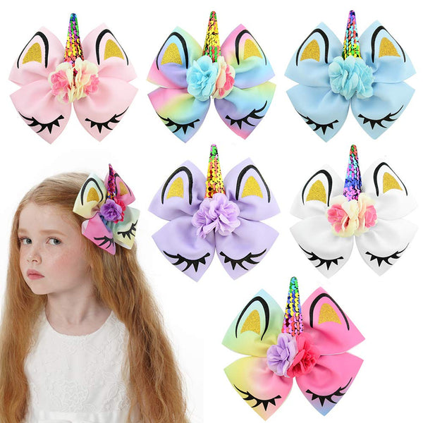 Girls Unicorn Hair Bows with Alligator Clips, Cheer Bows Hair Accessories for Kids, 6 Packs