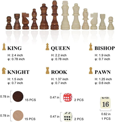 3 in 1 Board Game Set - Wooden Chess, Checker, and Backgammon, Classic Travel Toy Gift for Kids and Adults