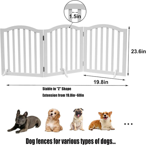 Wooden Dog Gate Foldable Pet Fence, Freestanding Pet Gates for Stairs, 3 Panel 23.6'' Height-White