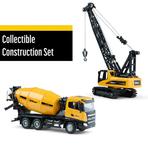 Diecast Metal Construction Trucks Models Set of 2 - Heavy Metal Toy Cement Truck and Construction Crane 1:50 Scale -