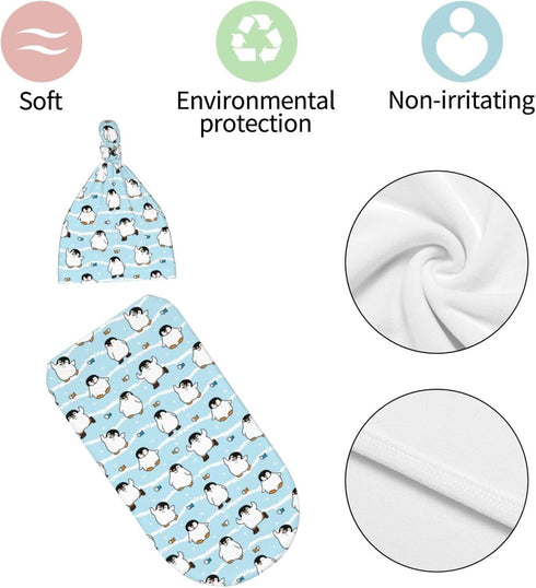 zhedongsj Set, Penguin Swaddle Blanket with Hat and Bow Swaddling Sack Shower Gift,Winter Penguin Baby Items Stuff