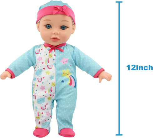 Little Darlings: 12" Bassinet Baby Doll Set - Teal, Pink, Stars - Soft Body Doll with Accessories for Kids Ages 2+