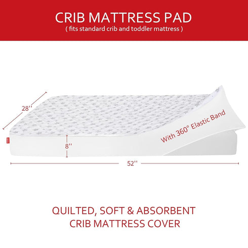 2 Pack, 52" 28" 8", Crib Mattress Protector Waterproof Quilted Crib Mattress Pad Cover x Extra Soft Breathable Toddler