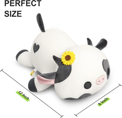 12") Onsoyours Cute Cow Plushie with Sunflower Headwear, Soft Stuffed Milk Love Cow Squishy Plush Animal Toy Flower Cow
