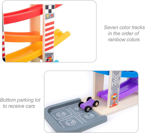 1 2 3 Set 7 Wood City Toddler Toys for Years Old, Wooden Car Ramp Racer Toy Vehicle with Mini Cars & Race Tracks