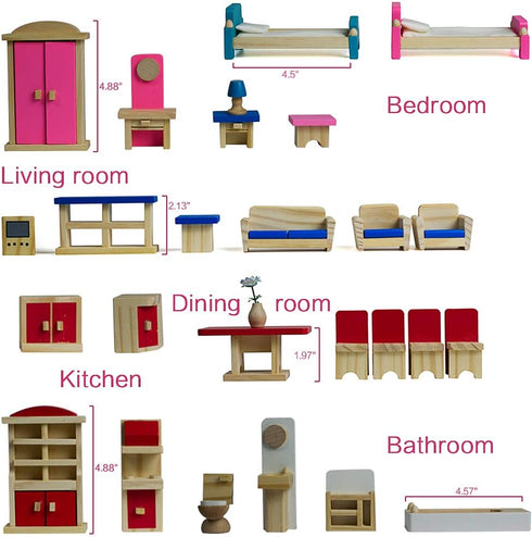 5 Sets, 1:12 35 Seanmi Wooden Dollhouse Furniture - Scale Doll House Furnishings, Pieces of Dollhouse Accessories