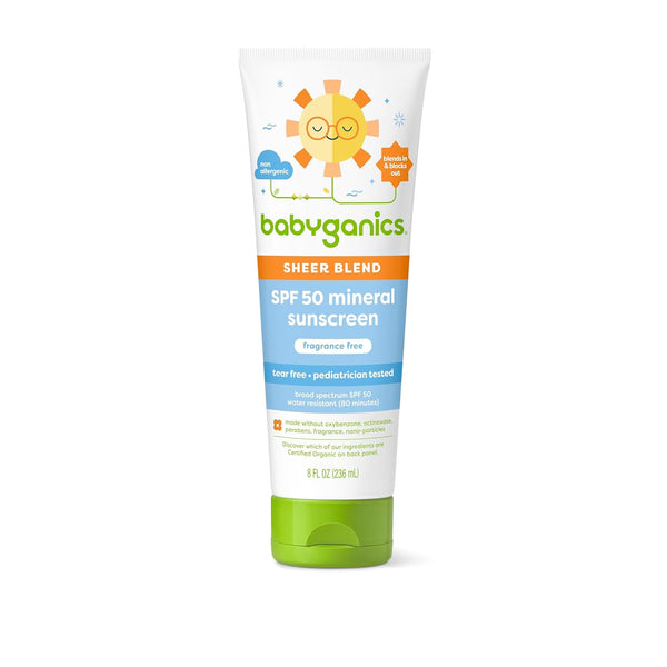 Babyganics SPF 50 Mineral Sunscreen Lotion, 8 oz - Sheer Blend, UVA UVB Protection, Water Resistant, Fragrance Free