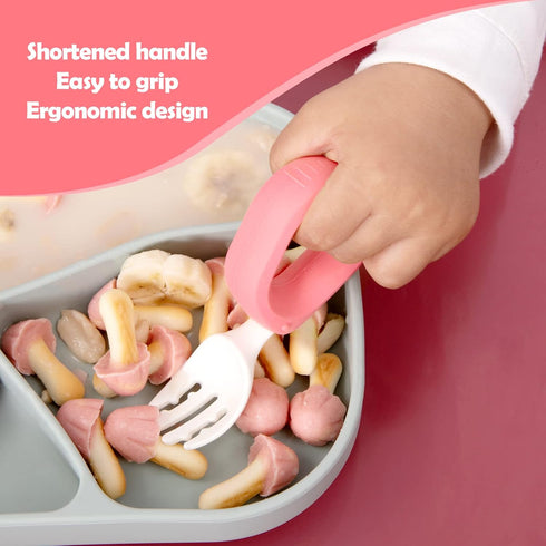 Baby Self Feeding Training Spoon and Fork Set with Travel Case, BPA-Free Toddler Utensils, Silicone/ABS (Pink)