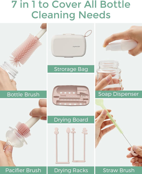 Momcozy 7-in-1 Baby Bottle Cleaner Kit with Silicone, Nipple & Straw Brushes, Soap Dispenser and Drying Rack - Portable