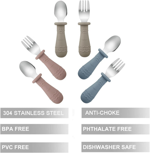 PandaEar Toddler Utensils, 6 Pack Kids Spoons and Forks, 18/8 Stainless Steel & Food Grade Silicone Children Silverware Set, Dishwasher Safe (Blue/Brown/Red) by PandaEar