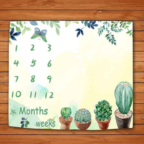 Baby Monthly Milestone Blanket, Green Cactus Butterfly Leaves, Newborn Growth Chart, 48x40 Inch