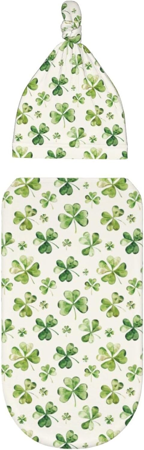 Sets Watercolor Shamrock Newborn Swaddle Blankets Hat Soft Baby Receiving Blanket Swaddle Sack for Baby Shower Infant