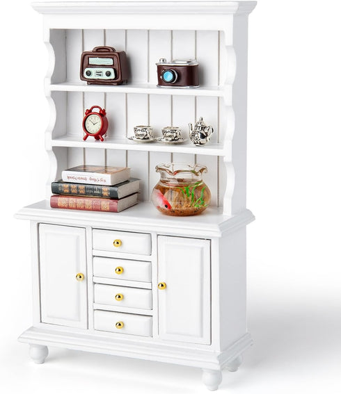 Minamzee 1/12 Set, 11Pcs Dollhouse Cabinet Dollhouse Miniature Wooden Bookshelf with Accessories (Alarm Clock, Fish