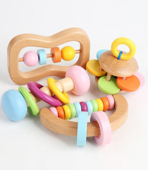 6 Set, 0-6-12 0-6 PCS Wooden Baby Rattle, Organic Colorful Baby Hand Rattles Wood Rattles for Babies Months, Wooden