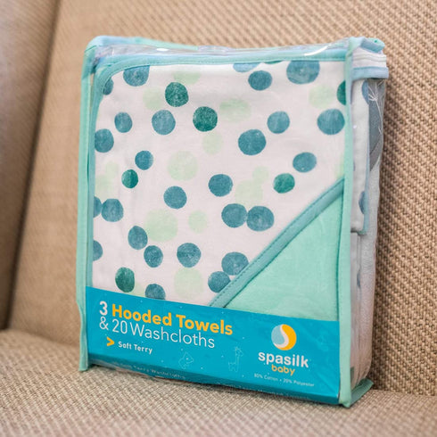 Set 23-Piece Set, Spasilk Bath Hooded Towels & Washcloths for Babies, Gift Green Dots