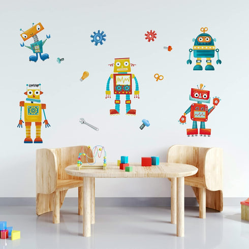 Yovkky Robots Educational Wall Decals Stickers for Baby Boys Room, Clockwork Wrench Toddler Nursery Playroom Decor