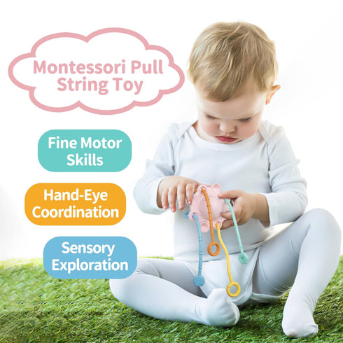Montessori Toys Pull String Toys for Baby - 100% Food Grade Silicone with Built-in Rattle Function (Pink)