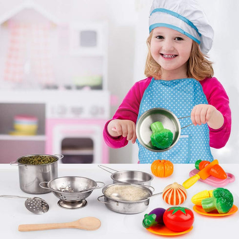 Playset D-FantiX Play Kitchen Accessories, Kids Play Pots and Pans with Mini Stainless Steel Pretend Play Cooking Toys