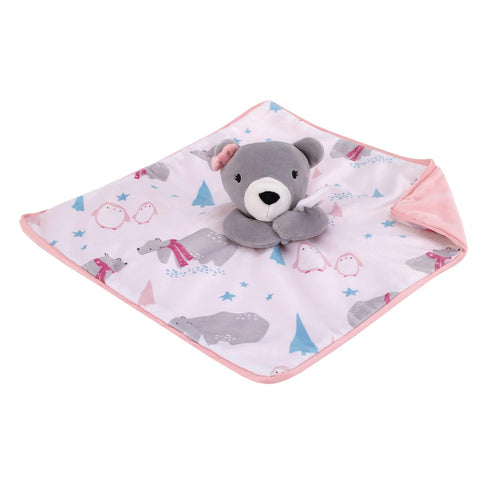 NoJo Girl Bear and Penguins White, Gray, Pink Super Soft Christmas Sherpa Baby Blanket and Security Blanket Set