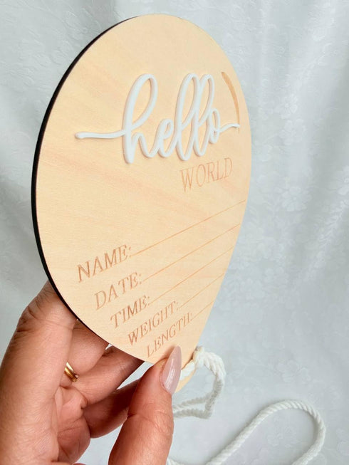 Kemmintvn Wooden Newborn Announcement Ornament, Hello World Balloon Sign with Hanging Rope, Birth Details Wood