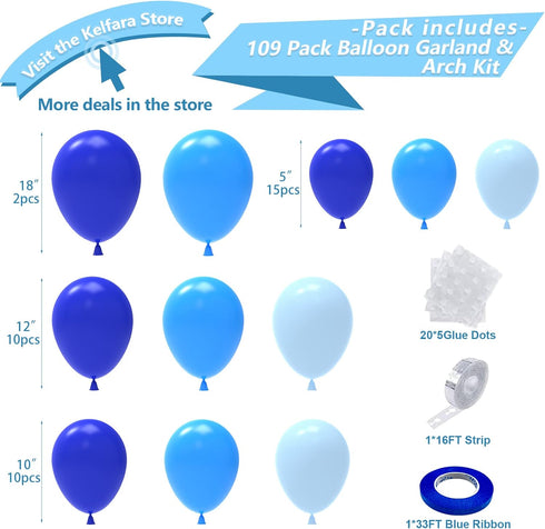 Kelfara Blue Balloon Garland Arch Kit, 109Pcs Royal Blue Pastel Balloons for Baby Shower, Birthday, Engagement