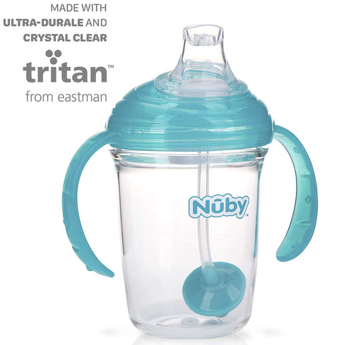 Nuby No Spill 360 Weighted Straw Grip N' Sip Tritan Cup, 8 Oz, Trainer Cup, Teal with Hygienic Cover