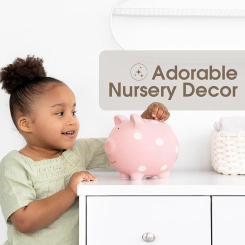 Pearhead Large Ceramic Piggy Bank, Pink Polka Dot Coin Bank for Kids, Gender-Neutral Nursery Decor, Newborn Savings