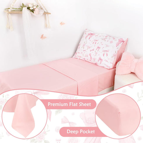 Set 4 Set, Toddler Bedding for Girls Pieces Pink Rose, Soft Breathable Toddler Comforter Bow Flower Print, Includes