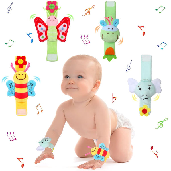 4 Pieces Baby Wrist Rattles, Animal Pattern Newborn Foot Rattles Toy for Boys Girls, 4 Designs (Elephant, Donkey,