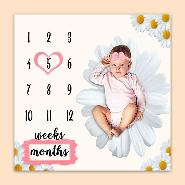 Baby Monthly Milestone Blanket, Daisy Big White Blanket for Nursery, Unisex for Newborn 1-12 Months, 47"x47"