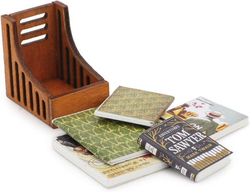 Set 5 Dollhouse Miniature Desktop Bookshelf with Books Wooden Bookcase Furniture Miniature Desktop Organiser Mini House