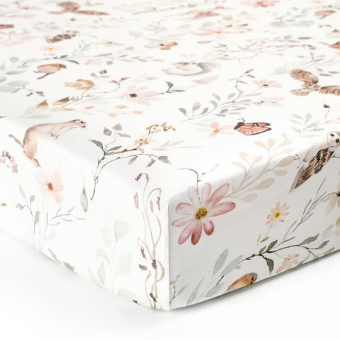 GRSSDER Stretch Ultra Soft Jersey Knit Fitted Crib Sheets Set, 2 Pack, Blush Pink Floral and Cute Animals