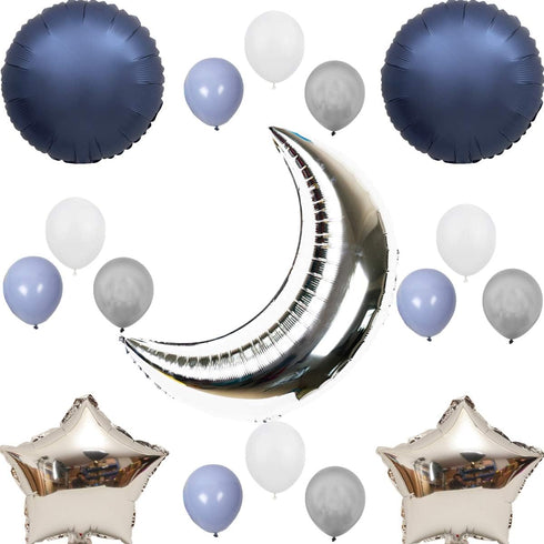 InBy 20pcs Silver Moon Balloon Party Decoration Kit, 36" Moon, 18" Star Foil Mylar, 12" Latex Balloons for Baby Shower