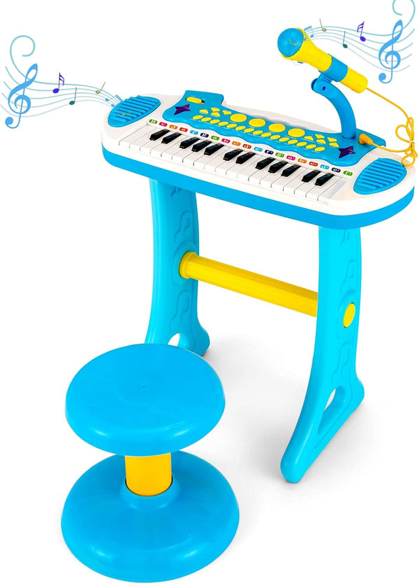 GLACER 31-Key Kids Piano Keyboard Toy with Stool - Portable Electronic Musical Instrument with Microphone for Ages 3+