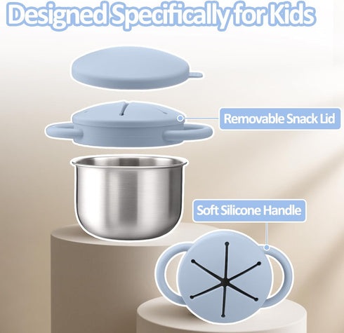 9 OZ BUSOHA Stainless Steel Toddler Snack Cups - Spill-Proof Baby Snack Containers with Silicone Catcher and Lid Travel