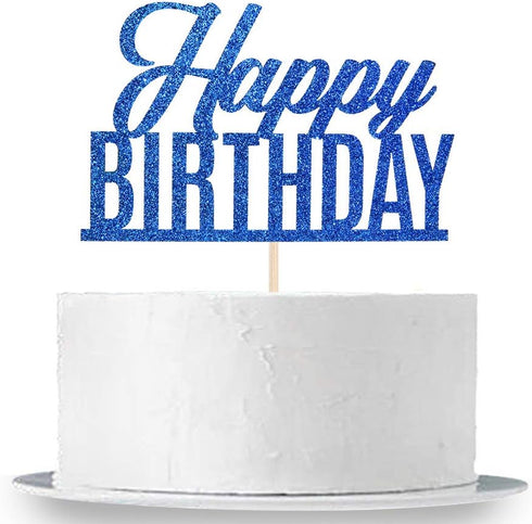 Blue Glitter Happy Birthday Cake Topper, Birthday Sign Cake Topper for Adults, Children, Teenagers, Anniversary Party