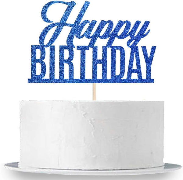 Blue Glitter Happy Birthday Cake Topper, Birthday Sign Cake Topper for Adults, Children, Teenagers, Anniversary Party