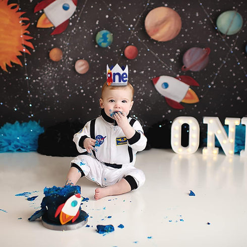 3 2 1 Boy Rocket's Cosmic Birthday Crown - Space Theme High Chair Banner, Lift-Off, Circle The Sun, Rocket Ship Style